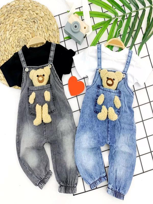 9-12-18-24 Ay Ayıcıklı Cep Kot Kumaş Tişörtlü 2li Kız Erkek Bebek Salopet Takımı Mavi - Image 1