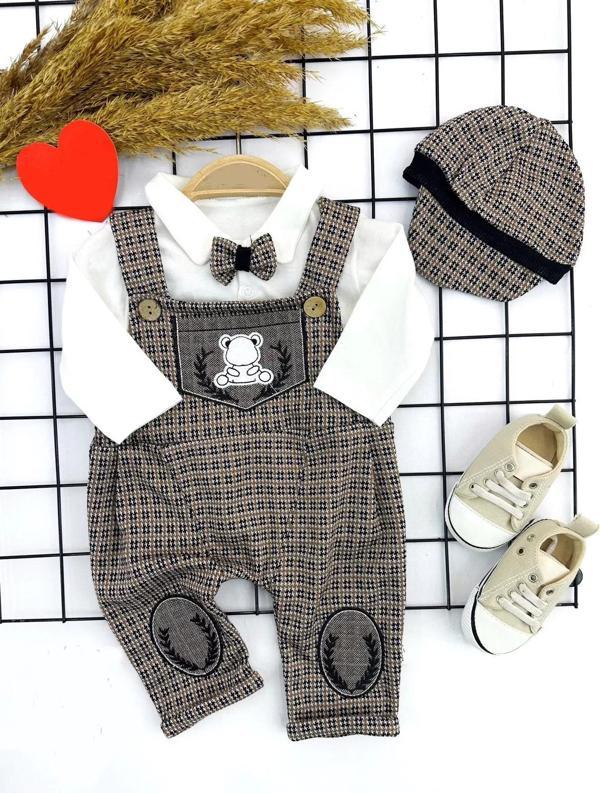 3-6-9-12 Ay Papyonlu Kırçıl Nakış Detaylı Kasket Şapkalı Uzun Kollu 3lü Erkek Bebek Salopet Takımı B - Image 1