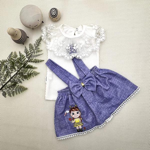 1-2-3 Yaş Bayan Arı Nakışlı Kot Desenli Etek Pamuklu Kumaş 2li Kız Bebek Salopet Takımı Mavi - Image 1