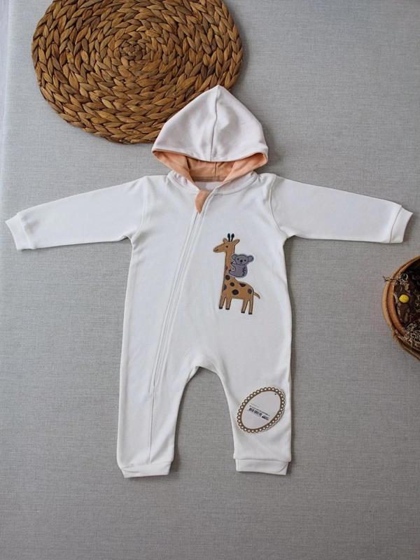 6-9 9-12 Ay Ef Çizgi Boy Fermuarlı Zürafa Nakışlı Kapşonlu Kız Erkek Bebek Tulumu Ekru - Image 1