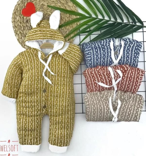 6-9-12-18 Ay Düğme Kapamalı Kulaklı Kapşonlu Triko Kumaş Kız Erkek Bebek Tulumu Bej - Image 1