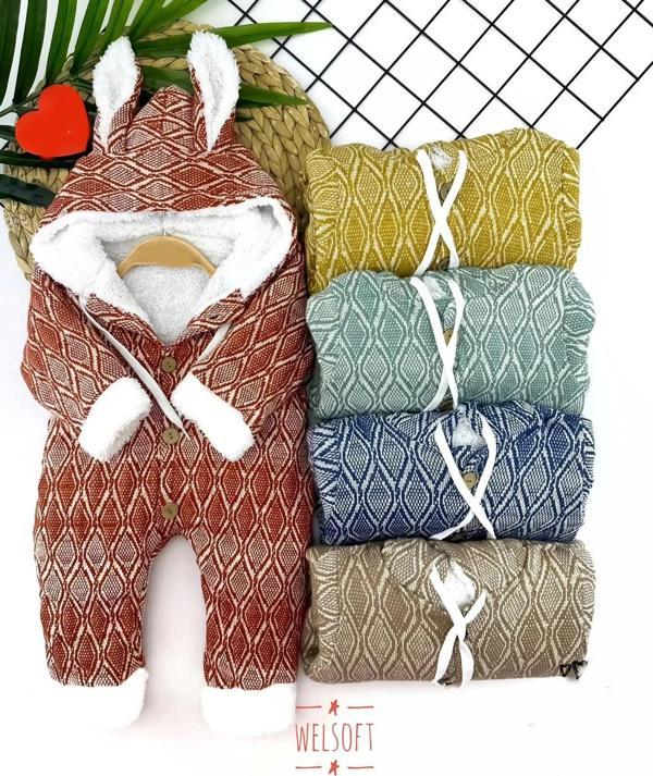 9-12-18-24 Ay Düğme Kapamalı Kulaklı Kapşonlu Motif Desenli Örme Kumaş Kız Erkek Bebek Tulumu Lacive - Image 1