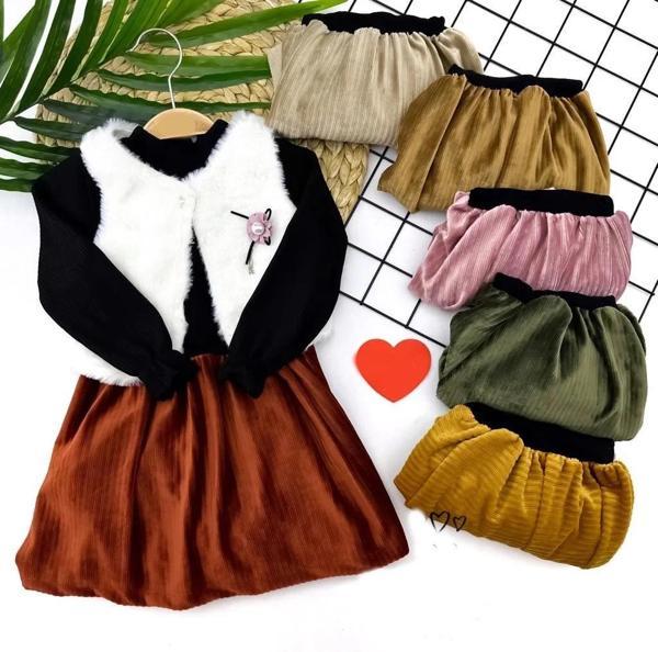 2-3-4-5 Yaş Kadife Etekli Tüylü Yelek Uzun Kollu Siyah Sweat 3lü Kız Bebek Takımı Kahverengi - Image 1