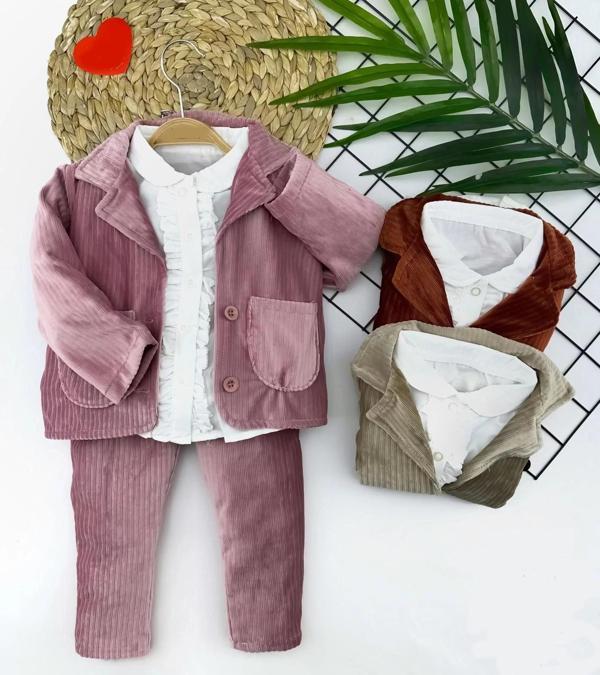 2-3-4-5 Yaş Düğme Kapamalı Fırfır Gömlekli Kadife Ceket Pantolon 3lü Kız Bebek Takımı Bej - Image 1