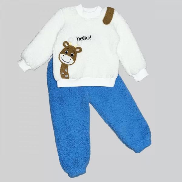 1-2-3 Yaş Hello Zürafa Nakışlı Kuzu Kumaş Sweat Pantolon Uzun Kollu Kız Erkek 2 Li Takımı Saks Mavis - Image 1