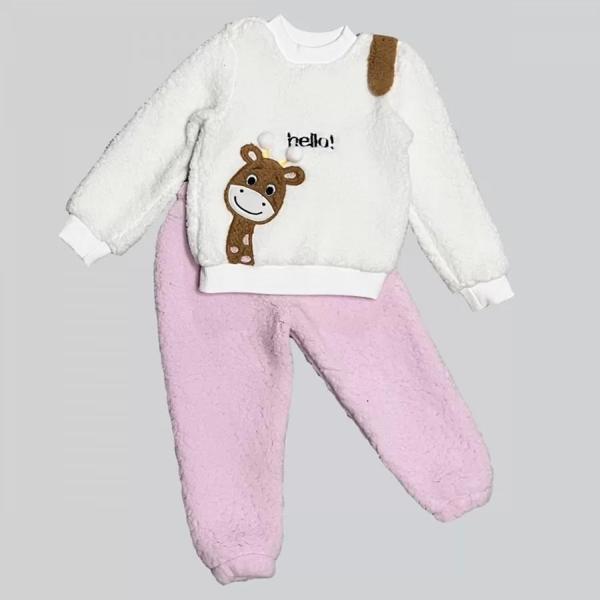 1-2-3 Yaş Hello Zürafa Nakışlı Kuzu Kumaş Sweat Pantolon Uzun Kollu Kız Erkek 2 Li Takımı Pembe - Image 1