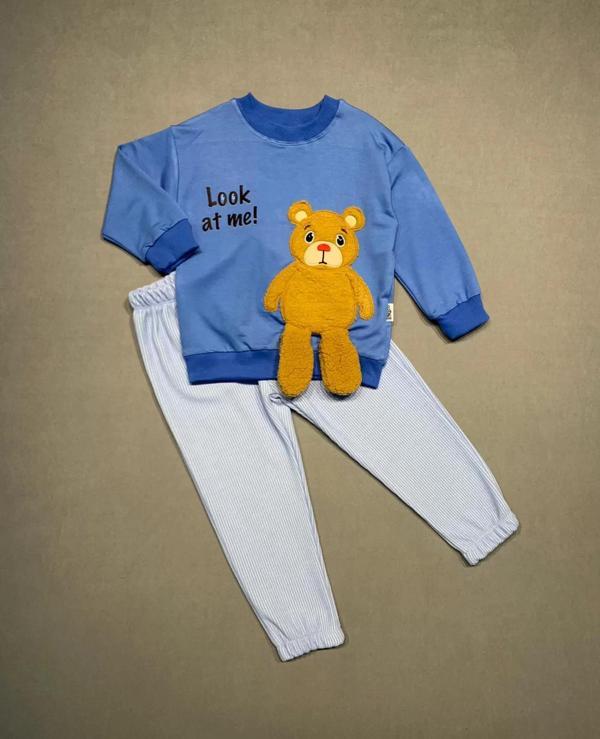 2-3-4 Yaş Ayıcık Sallanan Ayak Desenli Likra Penye Kumaş Sweat Pantolonlu Kız Erkek 2li Çocuk Takımı - Image 1