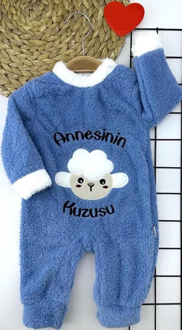 3-6-9-12 Ay Kuzu Tüylü Kumaş Annesinin Kuzusu Nakışlı Alttan Çıtçıtlı Kız Erkek Bebek Tulumu Mavi - Image 1