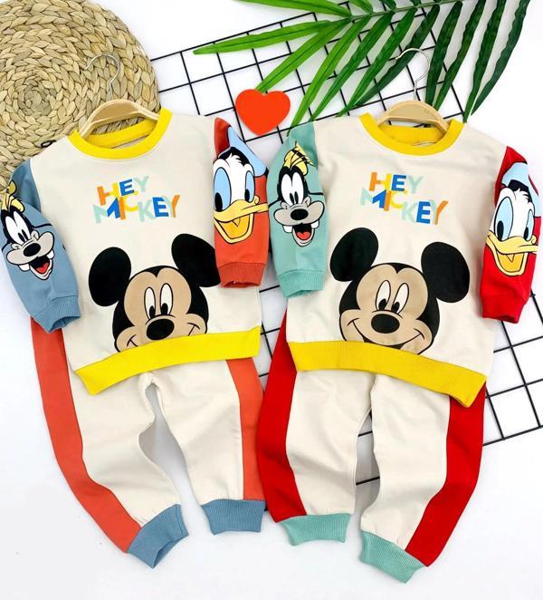 9-12-18-24 Ay Mickey Ve Arkadaşları Desenli Uzun Kollu Sweat 2li Kız Erkek Bebek Takımı Yeşil - Image 1