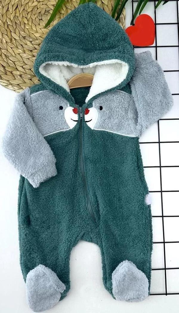 6-9-12-18 Ay Boydan Fermuarlı Welsoft Tüylü Kumaş Kapşonlu Patikli Kız Erkek Bebek Tulumu Petrol Mav - Image 1