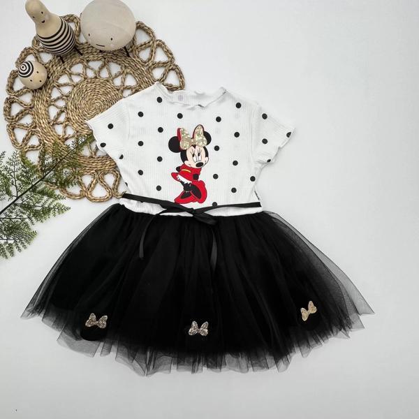 2-3-4 Yaş Puantiyeli Mickey Baskılı Kurdela Kuşaklı Astarlı Kız Bebek Tütü Elbisesi Siyah - Image 1