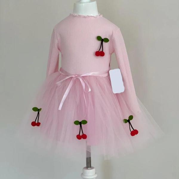 5-6-7 Yaş Kiraz Desenli Kurdela Kuşaklı Astarlı Uzun Kollu Kız Çocuk Tütü Elbise Pembe - Image 1