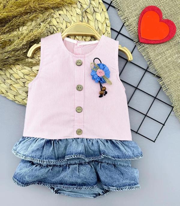 6-9-12-18 Ay Gül Rozet Detaylı Kot Kilotlu Etek Kız Bebek Elbisesi Pembe - Image 1