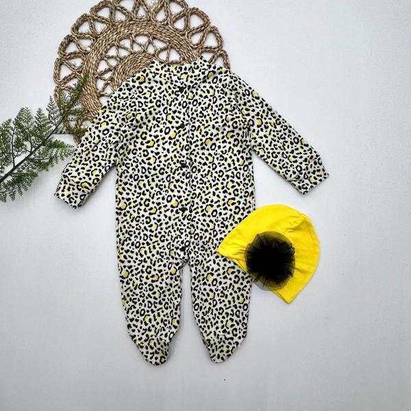 0-3-6-9 Ay Leopar Baskılı Tam Boy Çıtçıtlı Patikli Güllü Boneli Kız Bebek Tulumu Sarı - Image 1