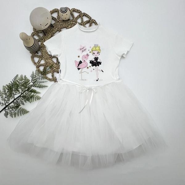 5-6-7 Yaş Flamingo Balerin Kız Baskılı Kurdela Kuşaklı Astarlı Kız Çocuk Tütü Elbise Beyaz - Image 1