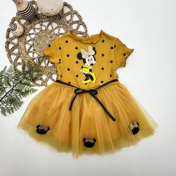 2-3-4 Yaş Puantiyeli Mickey Baskılı Kurdela Kuşaklı Astarlı Kız Bebek Tütü Elbisesi Hardal - Image 1