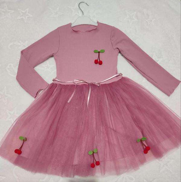 5-6-7 Yaş Kiraz Desenli Kurdela Kuşaklı Astarlı Uzun Kollu Kız Çocuk Tütü Elbise Gül Kurusu - Image 1