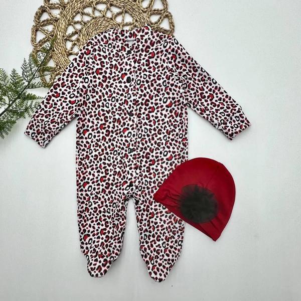 0-3-6-9 Ay Leopar Baskılı Tam Boy Çıtçıtlı Patikli Güllü Boneli Kız Bebek Tulumu Bordo - Image 1