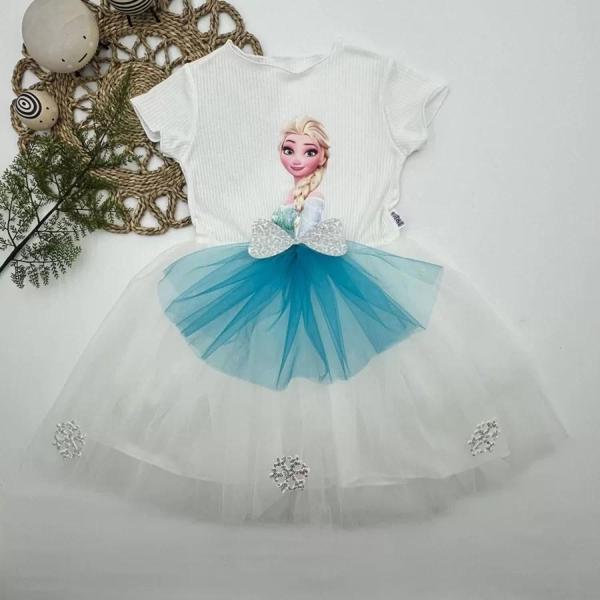 5-6-7 Yaş Elsa Desenli Fiyonklu Tül Etekli Astarlı Kısa Kollu Kız Çocuk Tütü Elbise Beyaz - Image 1