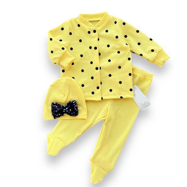 3-6-9-12 Ay Puantiyeli Şapkalı Çıtçıt Kapamalı Patikli 3lü Kız Bebek Takımı Sarı - Image 1