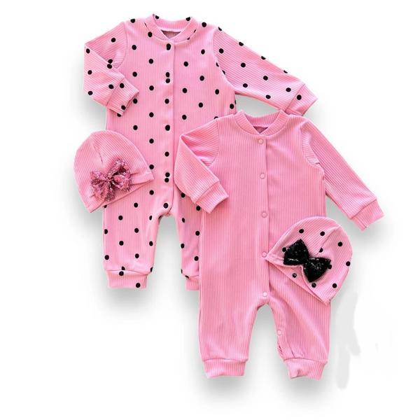 0-3 3-6 6-9 Ay Payetli Şapka Çıtçıt Kapamalı Puantiyeli Ve Düz 2 Li Kombin Kız Bebek Tulumları Pembe - Image 1
