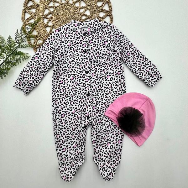 0-3-6-9 Ay Leopar Baskılı Tam Boy Çıtçıtlı Patikli Güllü Boneli Kız Bebek Tulumu Pembe - Image 1