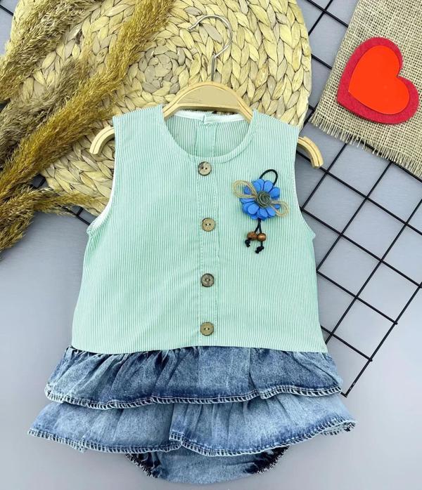 6-9-12-18 Ay Gül Rozet Detaylı Kot Kilotlu Etek Kız Bebek Elbisesi Yeşil - Image 1