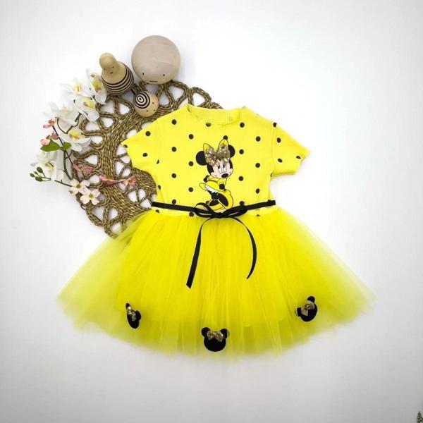 2-3-4 Yaş Puantiyeli Mickey Baskılı Kurdela Kuşaklı Astarlı Kız Bebek Tütü Elbisesi Sarı - Image 1