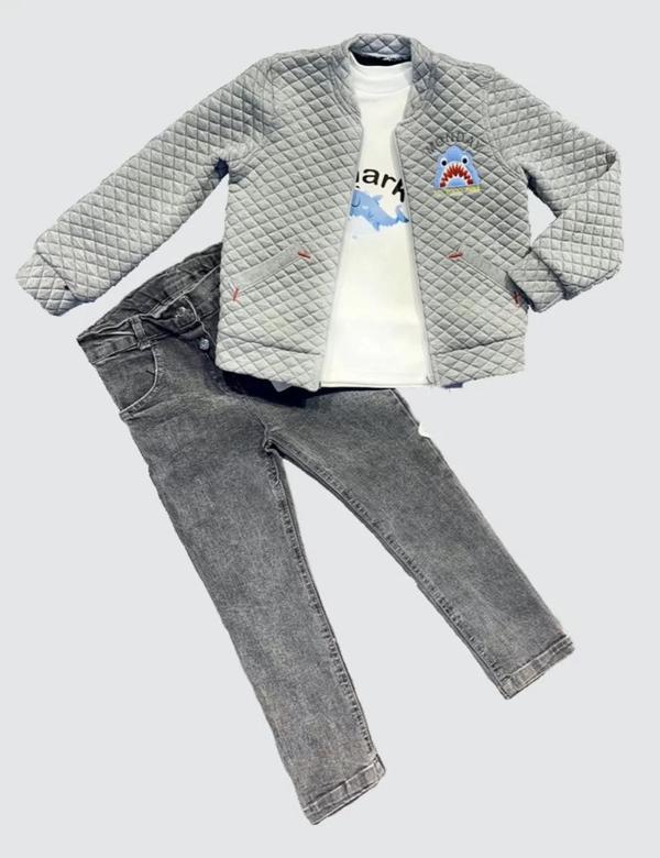 4-5-6 Yaş Kot Pantolonlu Pilot Mont Uzun Kollu Penye Sweat 3lü Erkek Çocuk Takımı Gri - Image 1