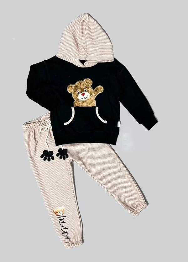 2-3-4 Yaş Pelüş Ayı Desenli Kapşonlu Uzun Kollu Penye Sweat 2li Erkek Çocuk Takımı Siyah - Image 1