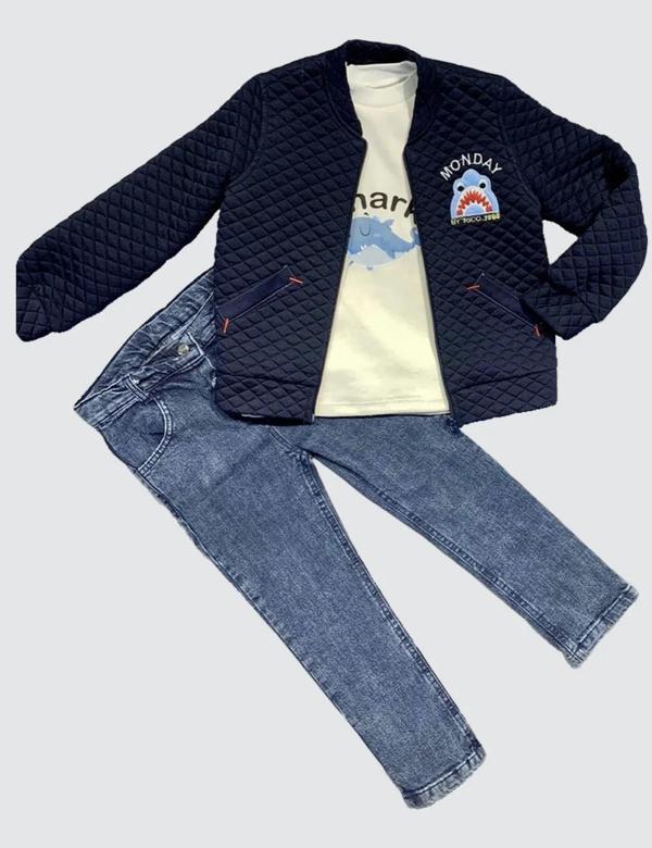 4-5-6 Yaş Kot Pantolonlu Pilot Mont Uzun Kollu Penye Sweat 3lü Erkek Çocuk Takımı Lacivert - Image 1