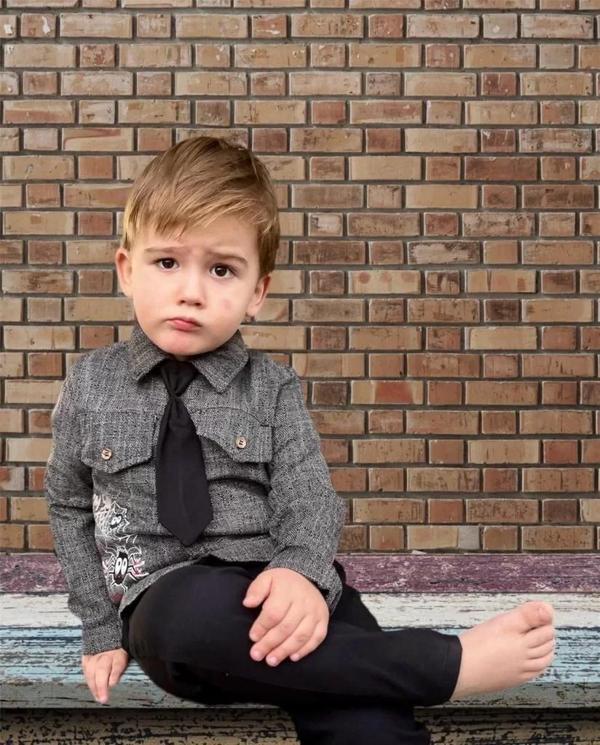 3-4-5 Yaş Kravatlı Keten Gömlek Gabardin Pantolon Uzun Kollu 3lü Erkek Çocuk Takımı Siyah - Image 1