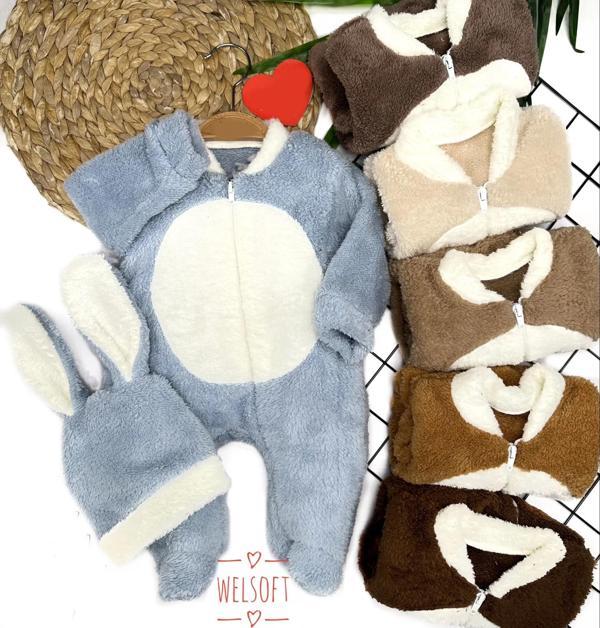 3-6-9-12 Ay Tavşan Kulak Şapkalı Fermuar Kapamalı Patikli Eldivenli Tüylü Erkek Bebek Tulumu Hardal - Image 1