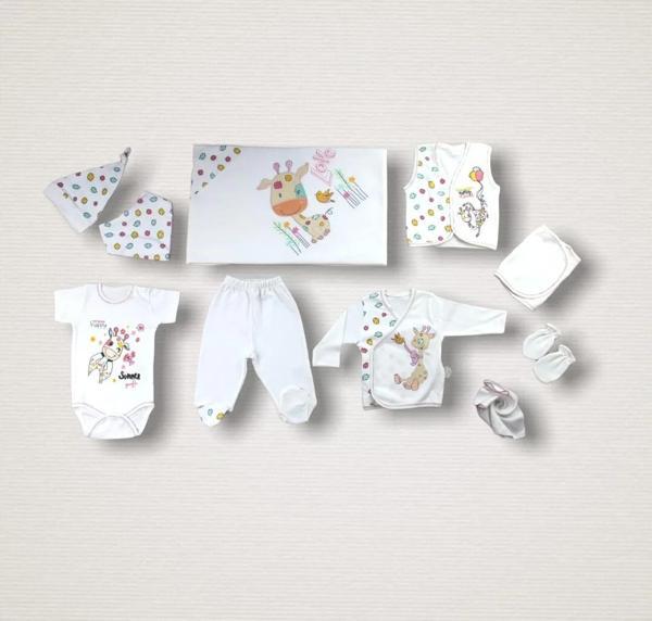 Love Zürafa Nakışlı  10lu Zıbın Takımı Hastane Çıkışı Ekru - Image 1