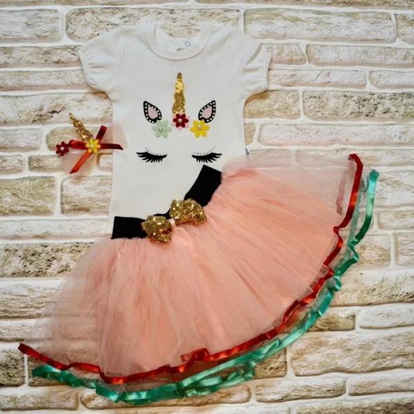 9-12-18 Ay Payetli Pony Nakışlı Tokalı Kısa Kollu Tütü Etek 3lü Kız Bebek Takımı Pudra - Image 1