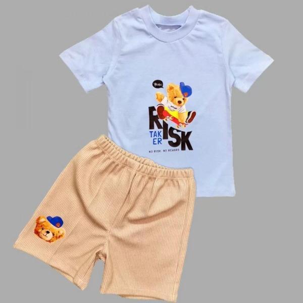 1-2-3 Yaş Kaykaycı Ayı Baskılı Şortlu Kısa Kollu Tişört 2li Erkek Bebek Takımı Mavi - Image 1