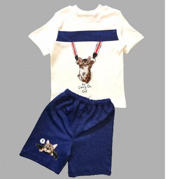 1-2-3 Yaş Fermuarlı Kedi Baskılı Şortlu Kısa Kollu Tişört 2li Erkek Bebek Takımı İndigo - Image 1
