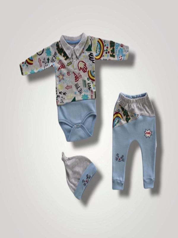 6-9 12-18 18-24 Ay Power Kedi Nakışlı Uzun Kollu Zıbınlı Şapkalı 3lü Kız Erkek Bebek Takımı Mavi - Image 1