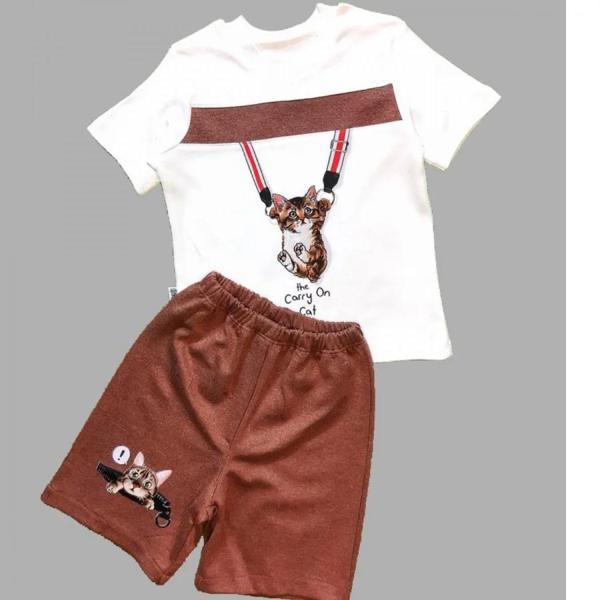 1-2-3 Yaş Fermuarlı Kedi Baskılı Şortlu Kısa Kollu Tişört 2li Erkek Bebek Takımı Kahverengi - Image 1