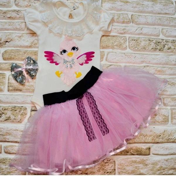 9-12-18 Ay Toka Hediyeli Kuş Desenli Tişört Tütü Etek 2li Kız Bebek Takımı Lila - Image 1