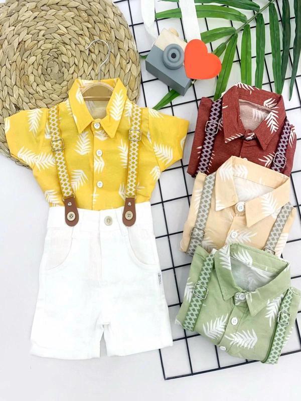 9-12-18-24 Ay Pamuk Keten Kumaş Hawai Gömlek Lastik Askılı 2li Erkek Bebek Takımı Bej - Image 1