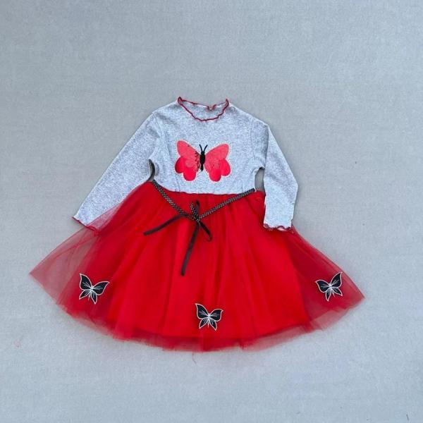 5-6-7 Yaş Taşlı Kelebek Desenli Kurdela Kuşaklı Astarlı Kız Çocuk Tütü Elbise Kırmızı - Image 1