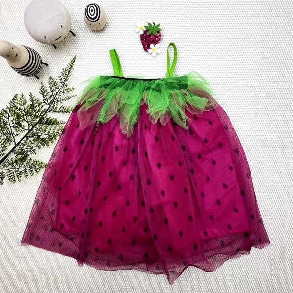 2-3-4 Yaş Askılı Çilek Kostüm Kız Çocuk Elbise Fuşya - Image 1