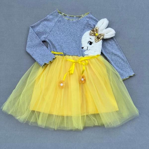 5-6-7 Yaş Pelüş Tavşan Desenli Kurdela Kuşaklı Astarlı Kız Çocuk Tütü Elbise Sarı - Image 1