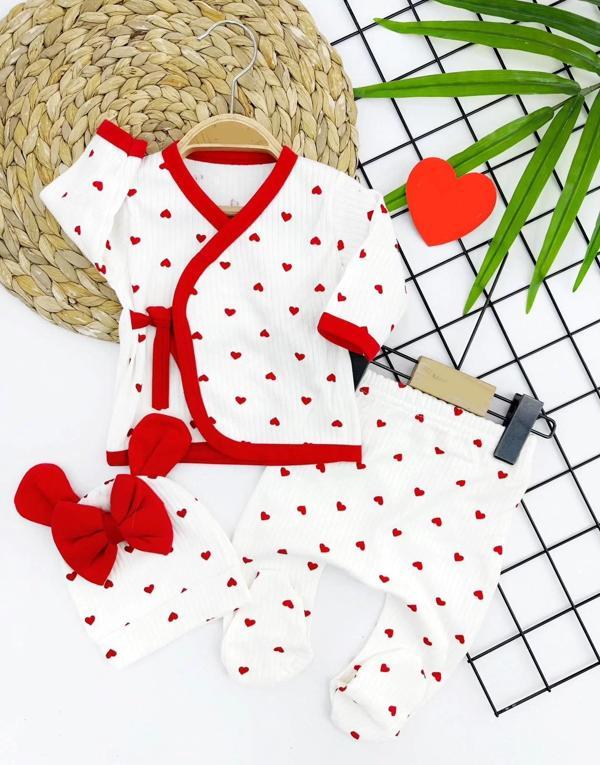 0-3 Ay Piti Kalp Desenli Şapkalı Patikli 3lü Kız Bebek Takımı Ekru - Image 1