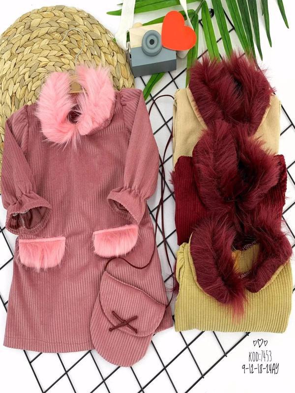 9-12-18-24 Ay Tüylü Yaka Ve Cep Kapaklı Çantalı Fitilli Kadife Uzun Kollu 2li Kız Bebek Elbisesi Bej - Image 1