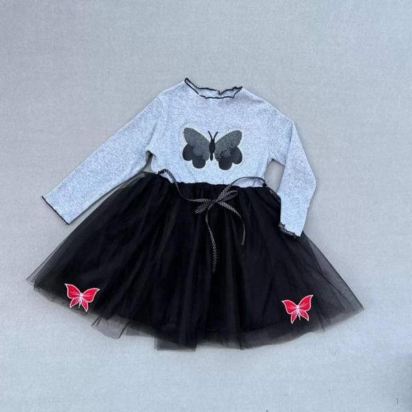 5-6-7 Yaş Taşlı Kelebek Desenli Kurdela Kuşaklı Astarlı Kız Çocuk Tütü Elbise Siyah - Image 1
