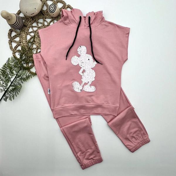 3-4-5 Yaş Kapşonlu Payetli Mickey Desenli Kısa Kol 2li Kız Erkek Çocuk Takımı Gül Kurusu - Image 1