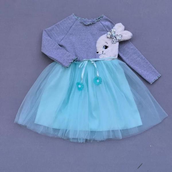 5-6-7 Yaş Pelüş Tavşan Desenli Kurdela Kuşaklı Astarlı Kız Çocuk Tütü Elbise Turkuaz - Image 1