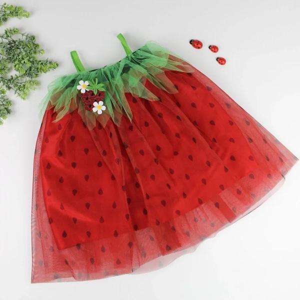 2-3-4 Yaş Askılı Çilek Kostüm Kız Çocuk Elbise Kırmızı - Image 1